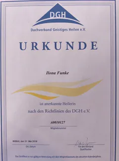 Urkunde: Ilona Funke ist anerkannte Heilerin nach den Richtlinien des DGH e.V., Wittlich, 31. Mai 2019